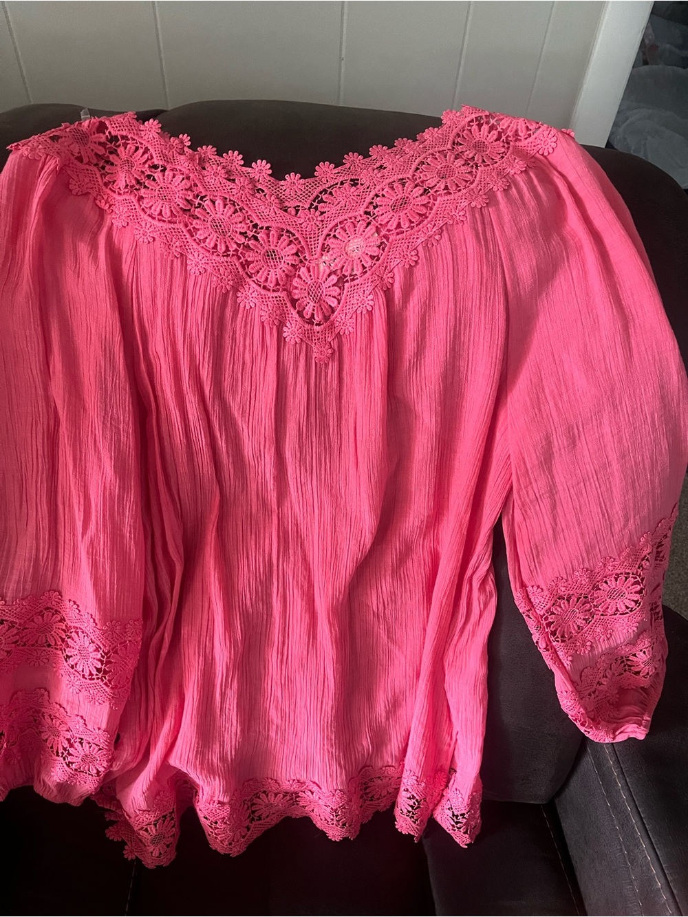 indigo soul Hot Pink Crochet-Trim Peasant Blouse